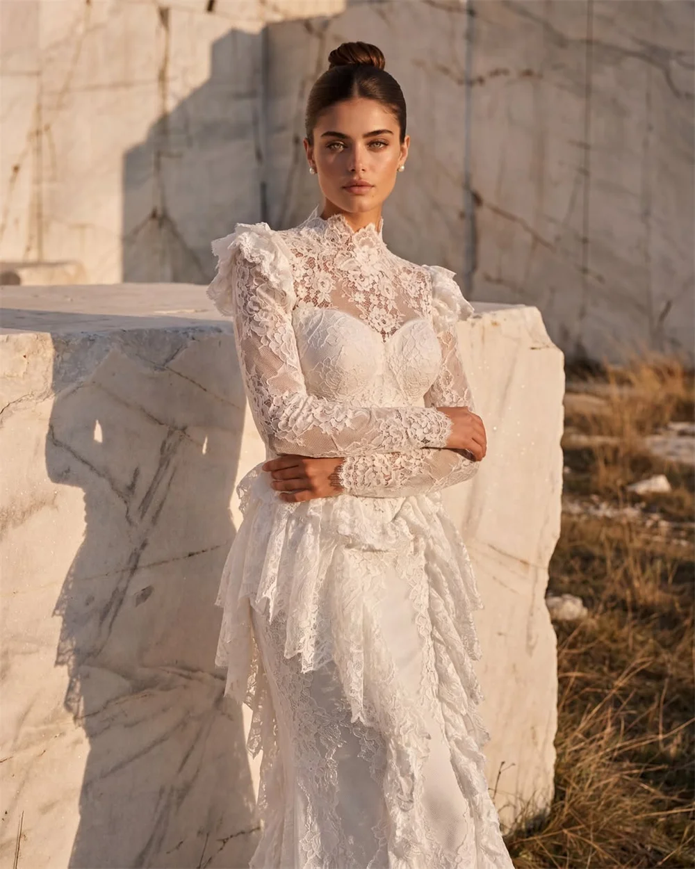 High Neck Long Sleeve Lace Mermaid Wedding Ruffled Tiered Bridal Gown For Women Evening Dress فستان زفاف دانتيل بأكمام طويلة