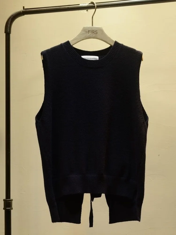 Loose Knitted round Neck Vest Women's Sleeveless Top Fashionable  Color Open Front Wide Neck Design Summer Commute Style