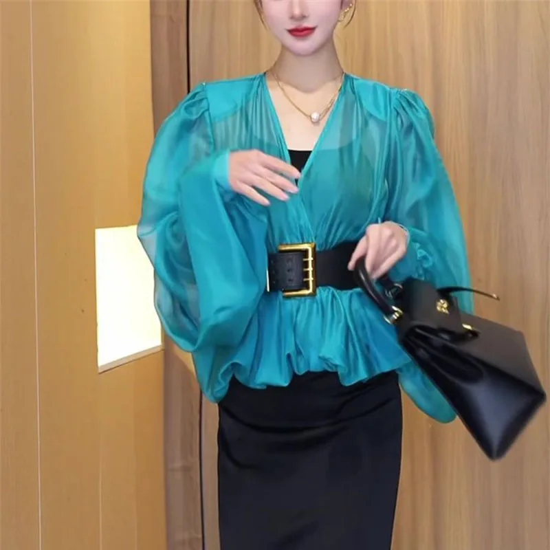 

Women's Blouse Spring Summer Lightweight Mesh Slightly Transparent Bubble Sleeve Shirt 2026 High-End Temperament V-Neck Top