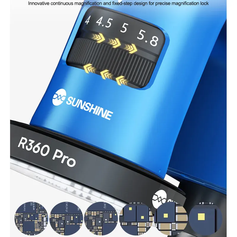 SUNSHINE R360 Pro Trinokularmikroskop, 0,7–5,8-fache Vergrößerung, Einstellring/einstellbare Augenabstandswinkel-Reparaturwerkzeuge