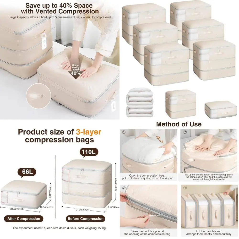 

Large 110L Capacity Compression Bags for Blankets, Sweaters, Sheets - Space Saving, Washable, 3-Layer Organizer