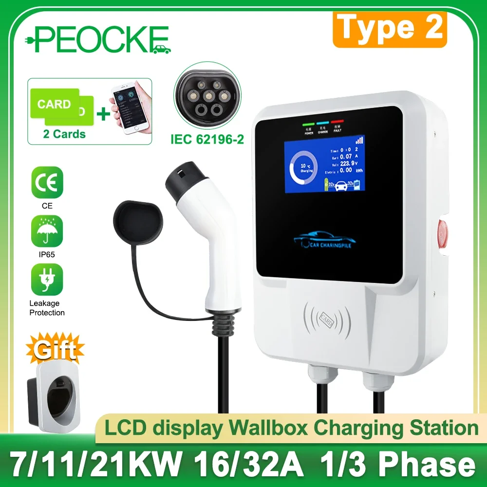 PEOCKE EV Charging Station Type 2 Cable Electric Vehicle Car Charger 7 11 22 KW APP Control 16 32 A Load EVSE Wallbox IEC62196-2