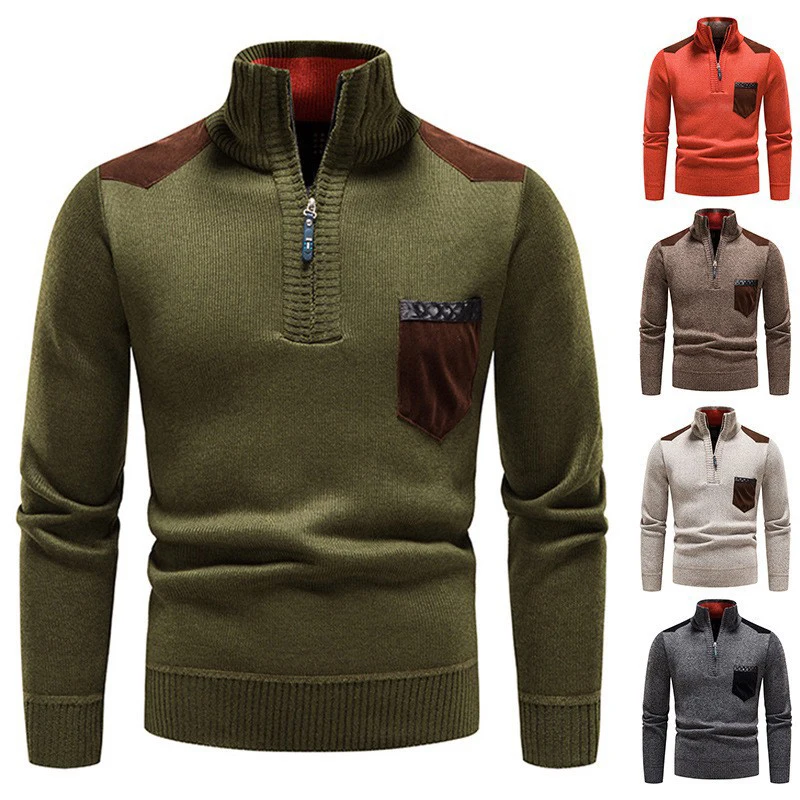 

American Zipper Stand Collar Knitted Pullover Sweater Men Fall Winter Warm Bottoming Sweaters Man Chic Pocket Patchwork Jumpers