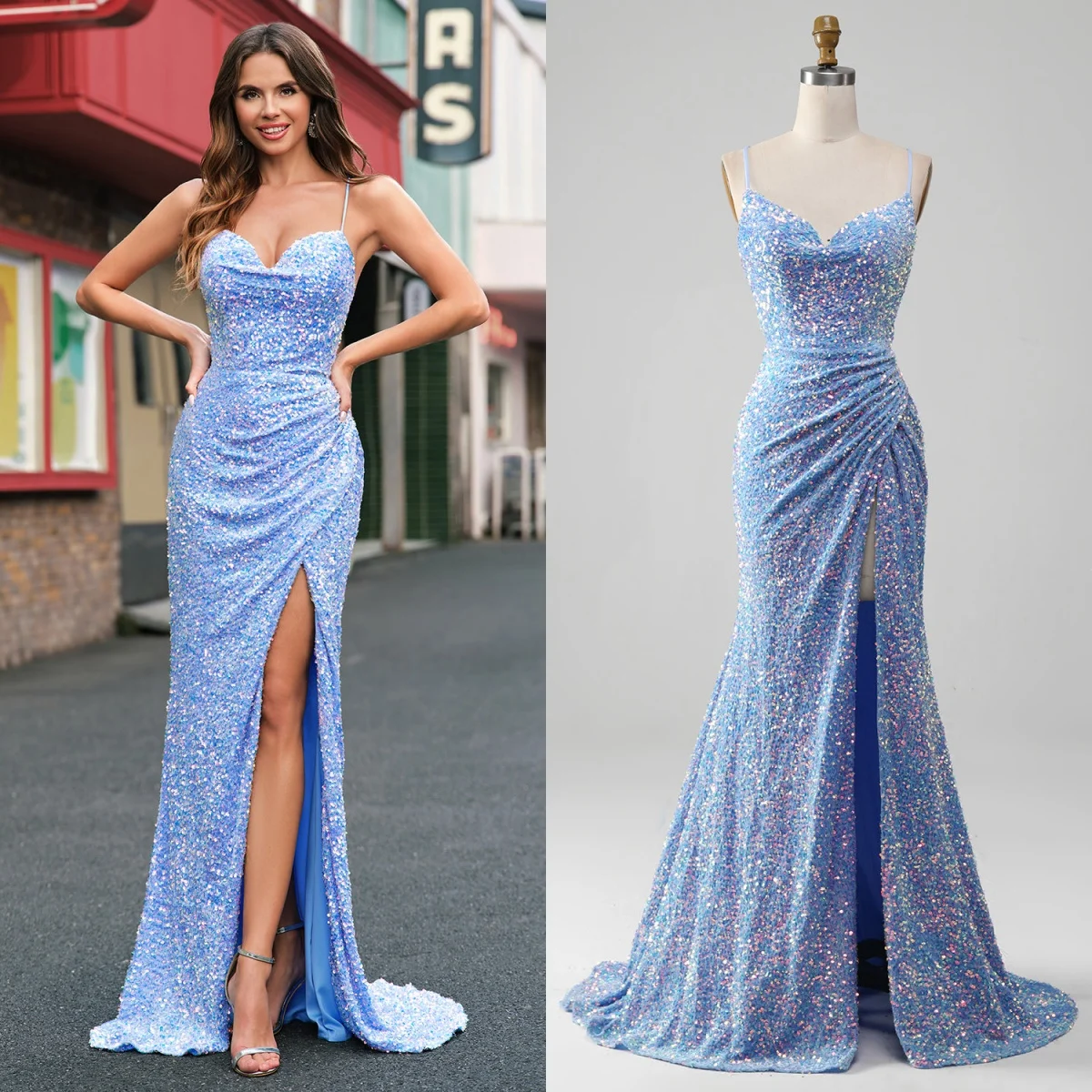 

Velvet Sequins Soft Cocktail Dresses Women's Spaghetti Straps Ruffles High Slit Sexy Backless Party Gowns Wedding Prom Dress