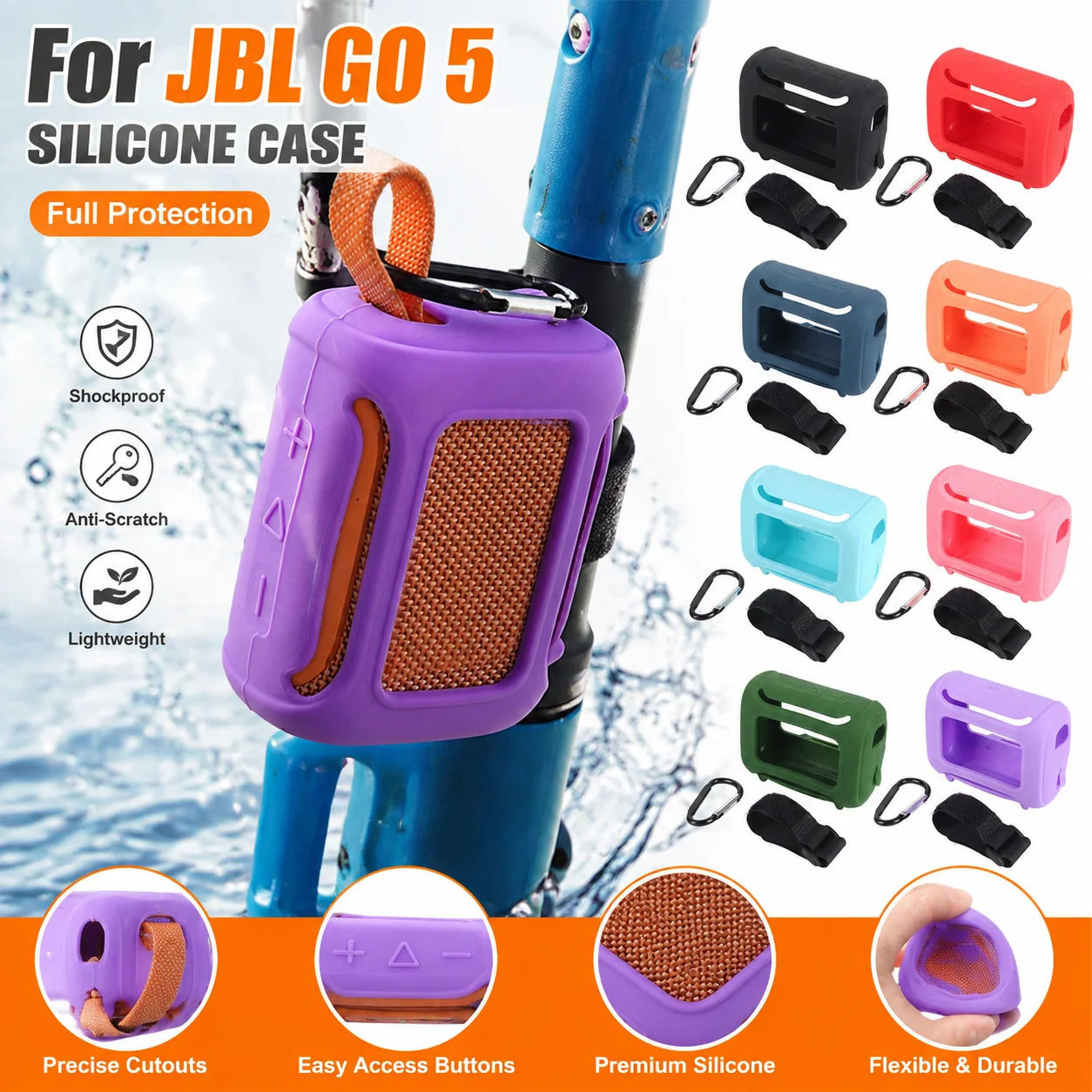 Premium Soft Silicone Case for JBL Go 5 Speaker Anti-Drop Protective Cover Skin with Bike Strap & Carabiner Accessories
