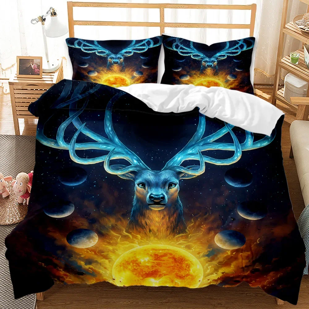 Deer Duvet Cover King/Queen Size,wildlife Bucks Fire Pattern Print Bedding Set For Teens Adults Men,Brown Elk Animal Quilt Cover