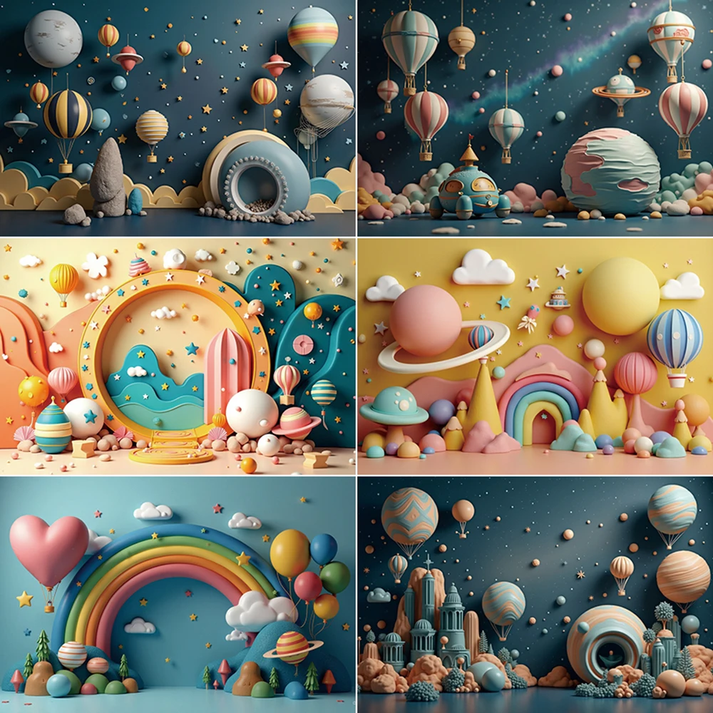 MOON.QG Astronaut Birthday Background Photography Planet Interstellar Travel 3D Cartoon Photocall Backdrop Baby Studio Props