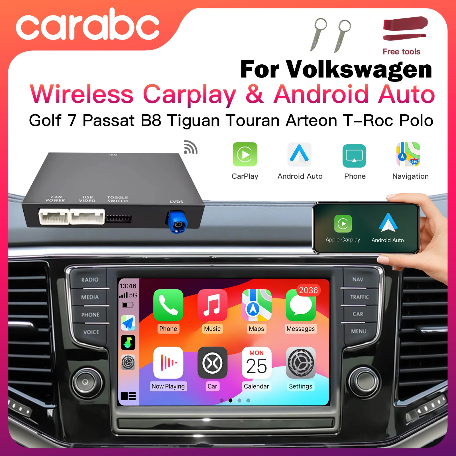 CARABC Wireless Carplay Android Car Module For VW Volkswagen Skoda Octavia Golf 7 Polo Passat B8 AutoLink MIB MIB2 Golf7 Box