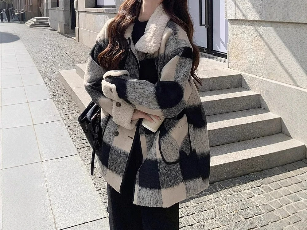 

Черно-белое шерстяное женское пальто в клетку, зима 2025, плотное шерстяное пальто средней длины, стиль