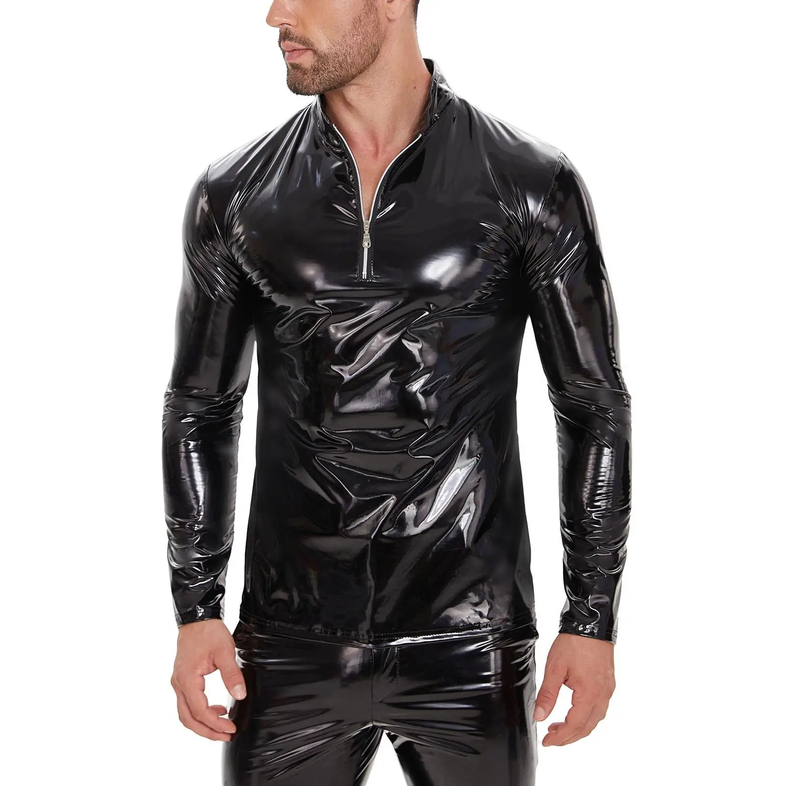 

Men's Long Sved Leather Jaet Mirror Glossy PU Material Casual Pure Color Resistant to Deformation Spring 2024 Faion