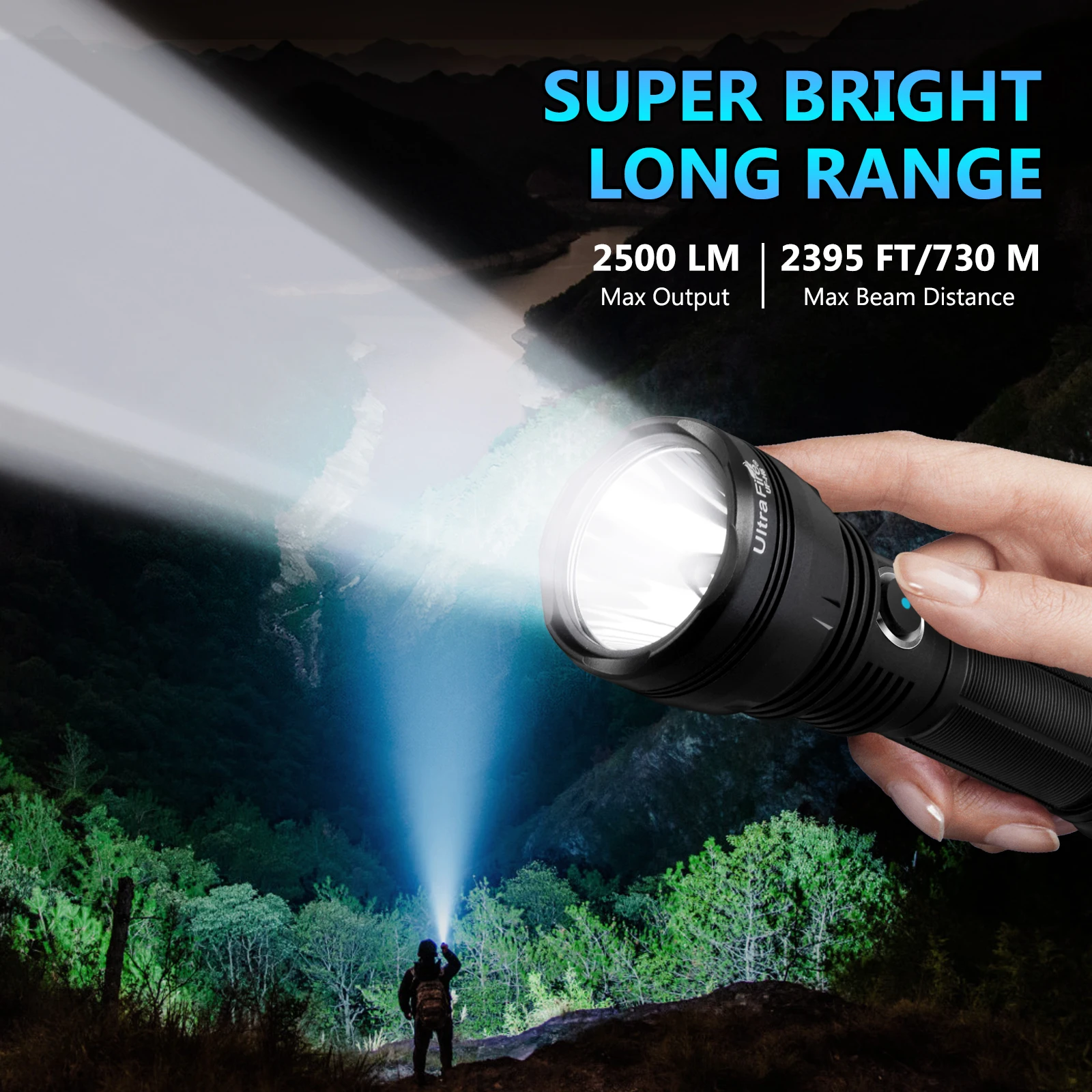 UltraFire UF-H6 21700 Rechargeable Tactical Flashlight USB C 2500LM 730M Beam Range Powerful LED Torch IPX8 Outdoor Camping Lamp