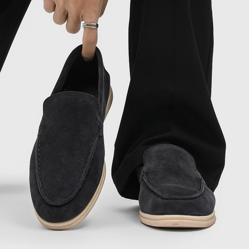 Premium Minimalist Men's Suede Loafers Slip‑on Soft Lightweight Flat Sole Genuine Leather Shoes 38-48 Casual Daily Dress Shoes