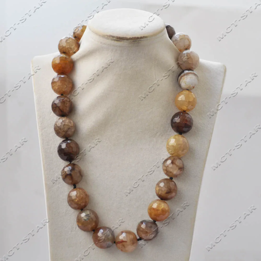 Z13983 21'' 20mm Yellow Brown Round Faceted Agate Bead Necklace CZ Custom Jewelry