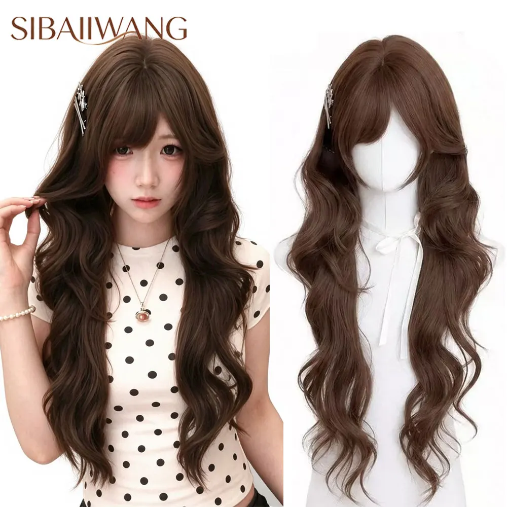 Caramel Brown Lolita Long Wavy Hair Synthetic Wig For Women With Bang Heat Resistant Nature Looking Daily Party Cosplay