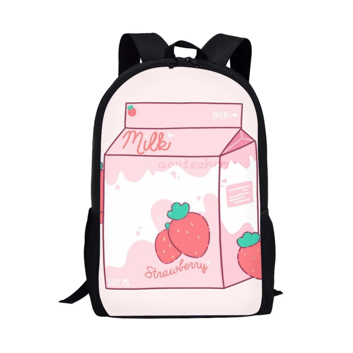 Mochilas con estampado de vaca y fresa rosa para niños y niñas, mochilas escolares, mochila de viaje informal con bolsillos laterales para botellas, mochila para adolescentes