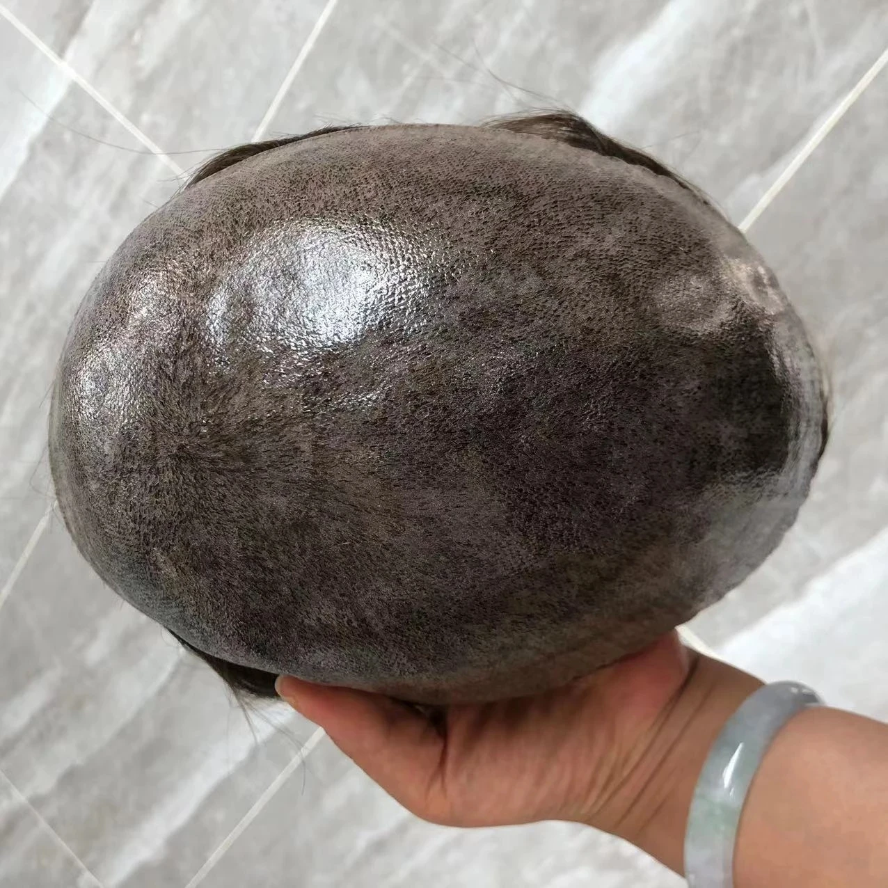 غير قابل للاكتشاف بني داكن نفاث شعر بشري أسود نظام شعري 6 بوصة طويلة سوبر متموجة الرجال السيليكون الشعر المستعار قاعدة الجلد البولي