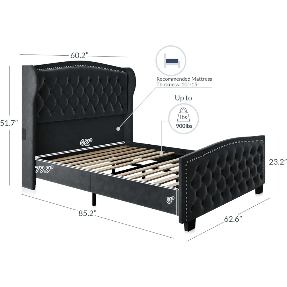 Queen Headboard Bed Frame,with Fast Charging Port, with Handmade Button Tufted Headboard, Upholstered Platform Bed Frame