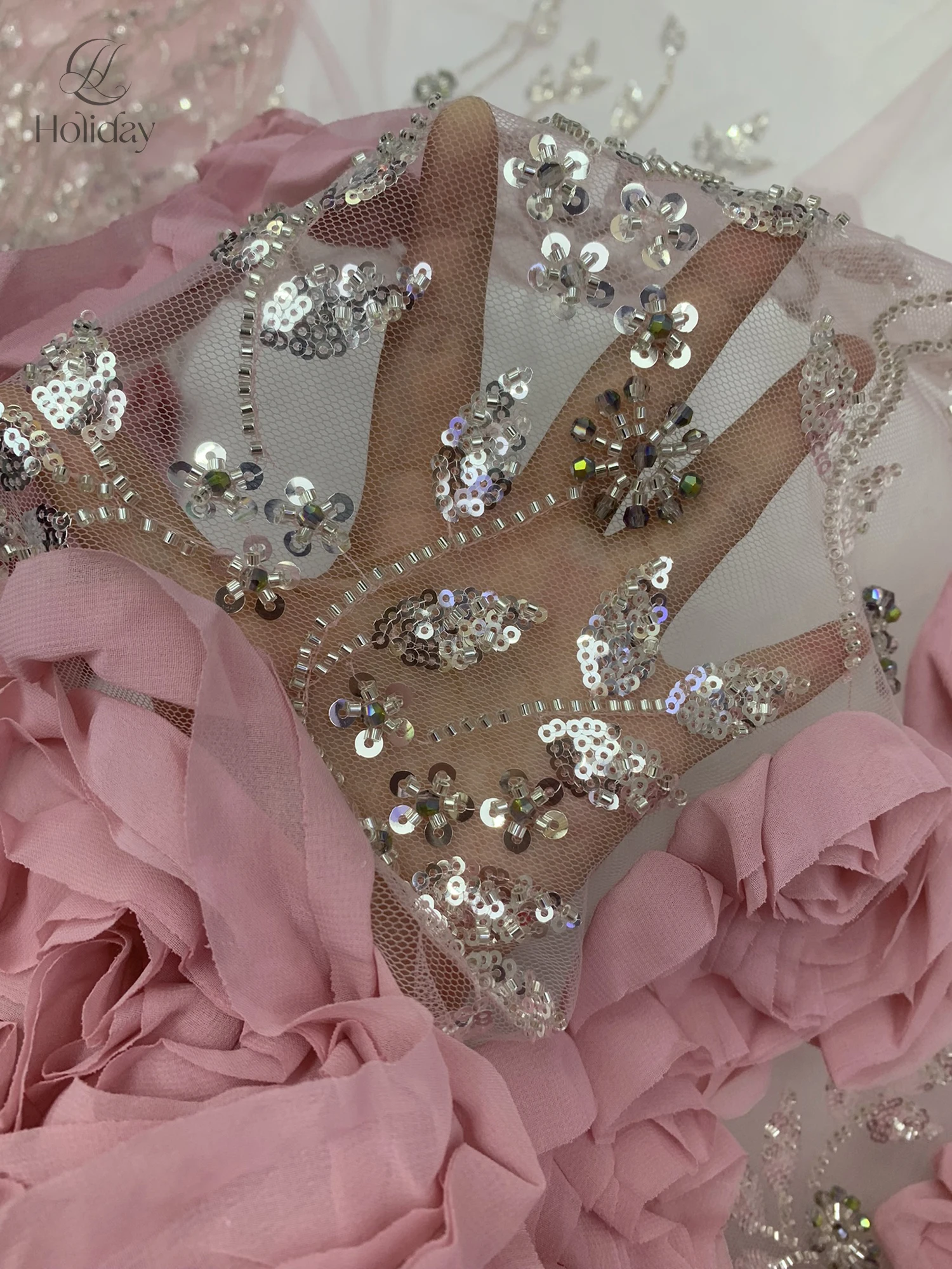 Высококачественная шифоновая ткань с 3D цветами, серебряными блестками и вышивкой бисером для роскошного свадебного платья, вечернего платья своими руками