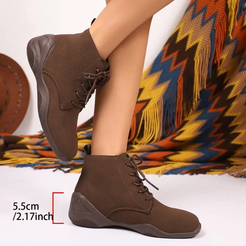 أحذية قطنية بمقاس كبير، أحذية عصرية بمقدمة مستديرة من جلد الغزال برباط سميك ودافئ ونعل ناعم وكعب منخفض