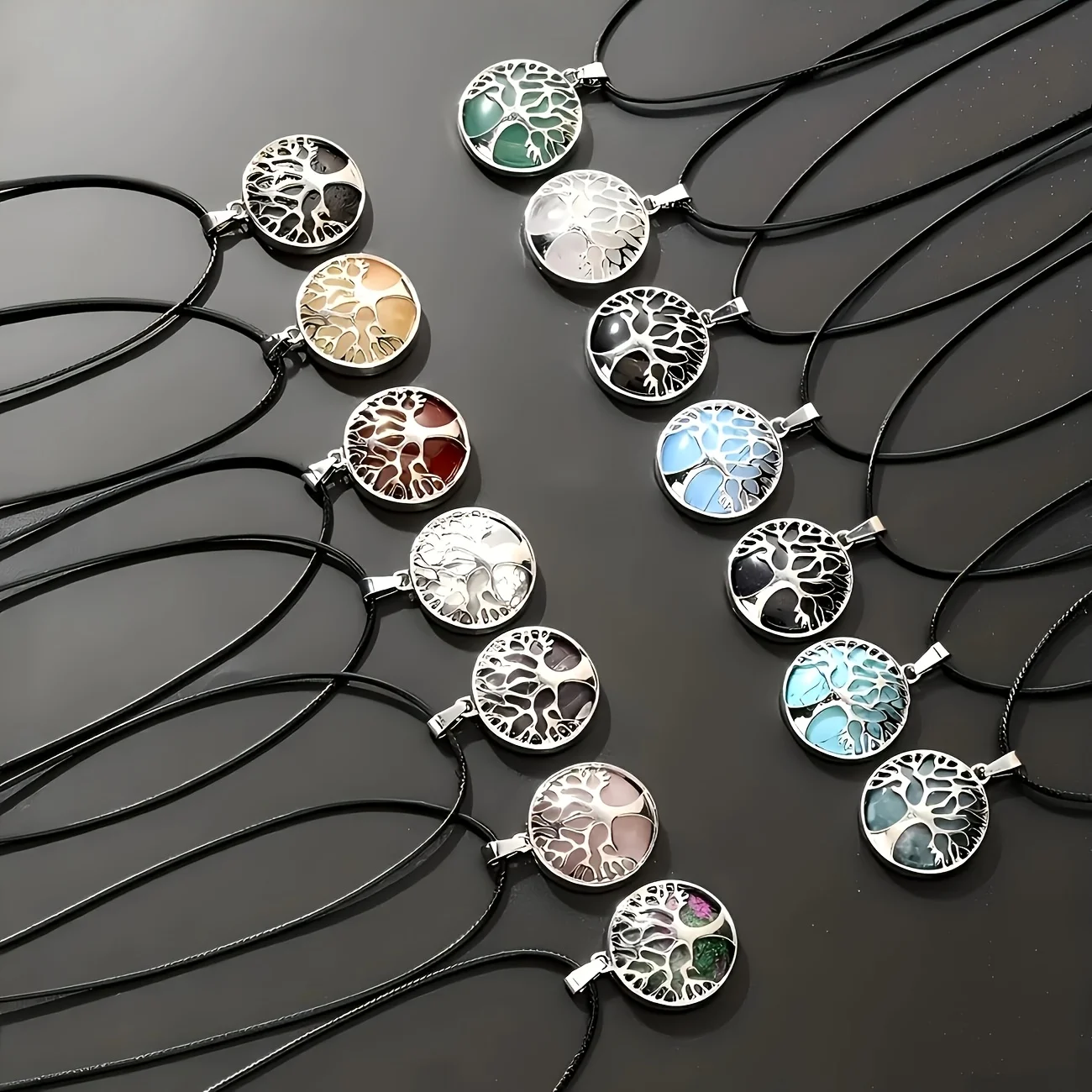 10 Sets of colorful Tree of Life Pendant Necklaces, including 10 Pendants and 10 Ropes, Natural Crystal Jewelry - Colored Amulets, Bohemian Style, symbolic Necklace, Exquisite Craftsmanship, Durable Necklace, Spiritual Explorer