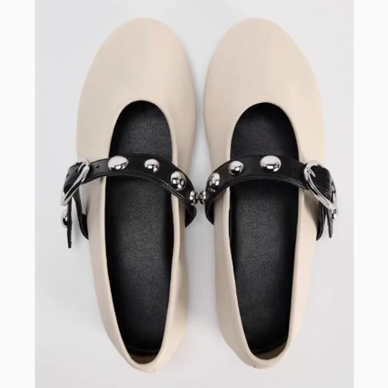 Ballet Flats for Ladies 2024 Autumn Rivet Design Buckle Strap Soft Leather Women Footwear Light Comfortable Leisure Female Shoes