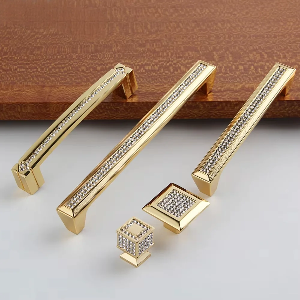24K Real Gold Sliver Crystal Drawer Cabinet Pulls Kitchen Handles Diamond Wine Wardrobe Decotation Furniture Knobs
