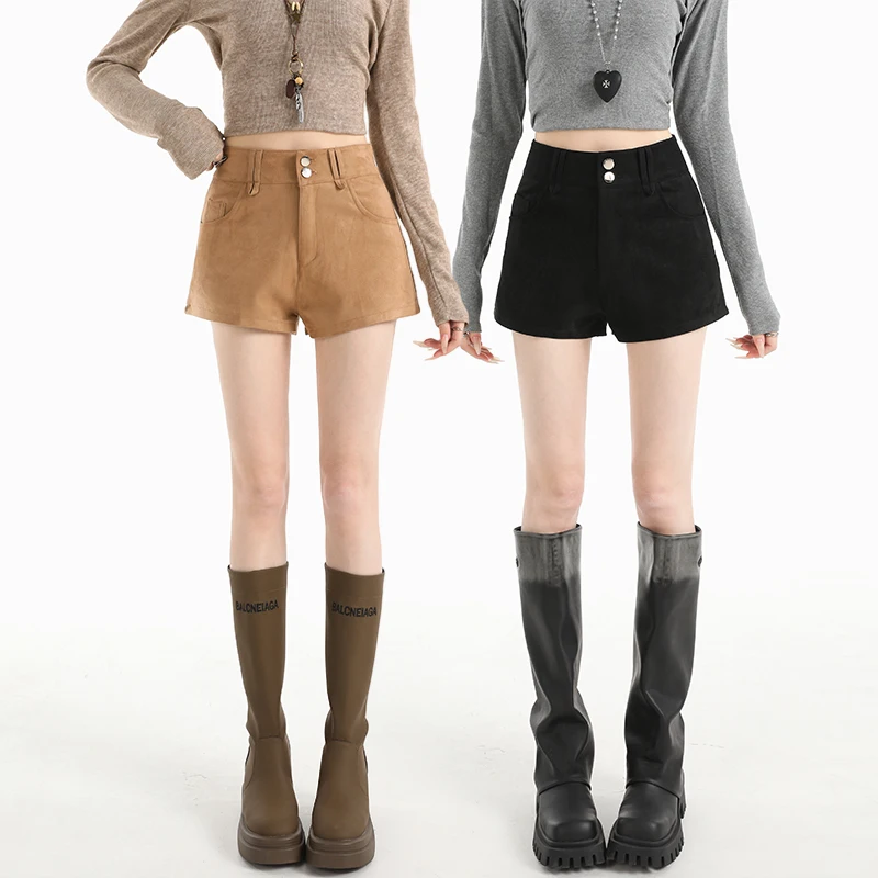 Neue 2025, Herbst Winter Feste Wildleder Shorts Alle-spiel Beiläufige Dünne A-linie Shorts Frauen Hohe Taille Femme Chic S-XL Damen Unten