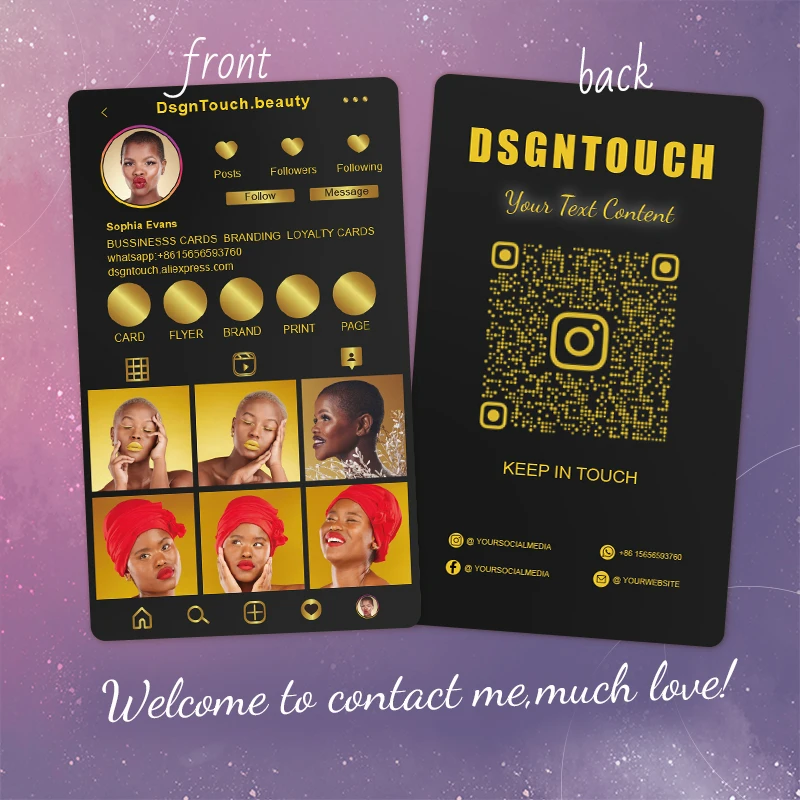 DsgnTouch-tarjeta de visita pequeña personalizada, diseño de plantilla 2024, código QR de redes sociales, impresión personalizada de Instagram