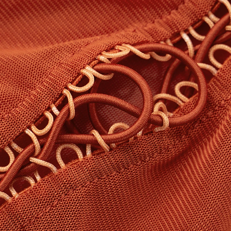 CUTENOVA レディース セクシー ハーフハイネック 半袖 胸元ロープ ホローアウト レースアップ パッチワーク メッシュヤーン プリーツ ショートドレス