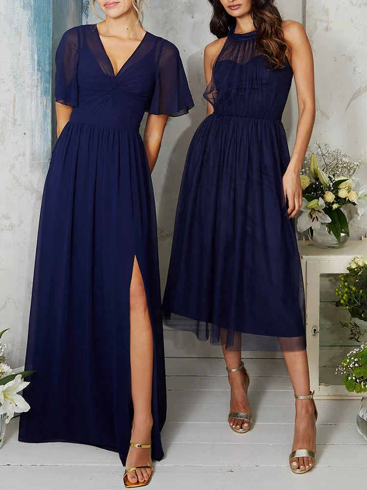 Lucyinlove Elegant V-Neck Blue Chiffon Evening Dress 2024 Women Short Sleeve Bridesmaid Party Maxi Dress Long Luxury Prom Gown