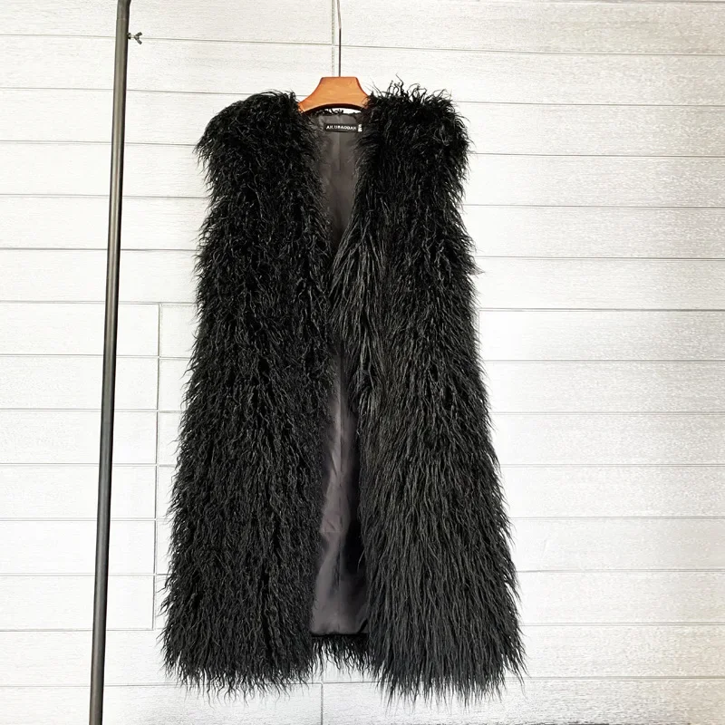 Faux Mongolia Sheep Fur Women Long Vest Colorful Warm Faux Fur Big Size Plush Coats Female Jacket Autumn Winter Furry Outerwear