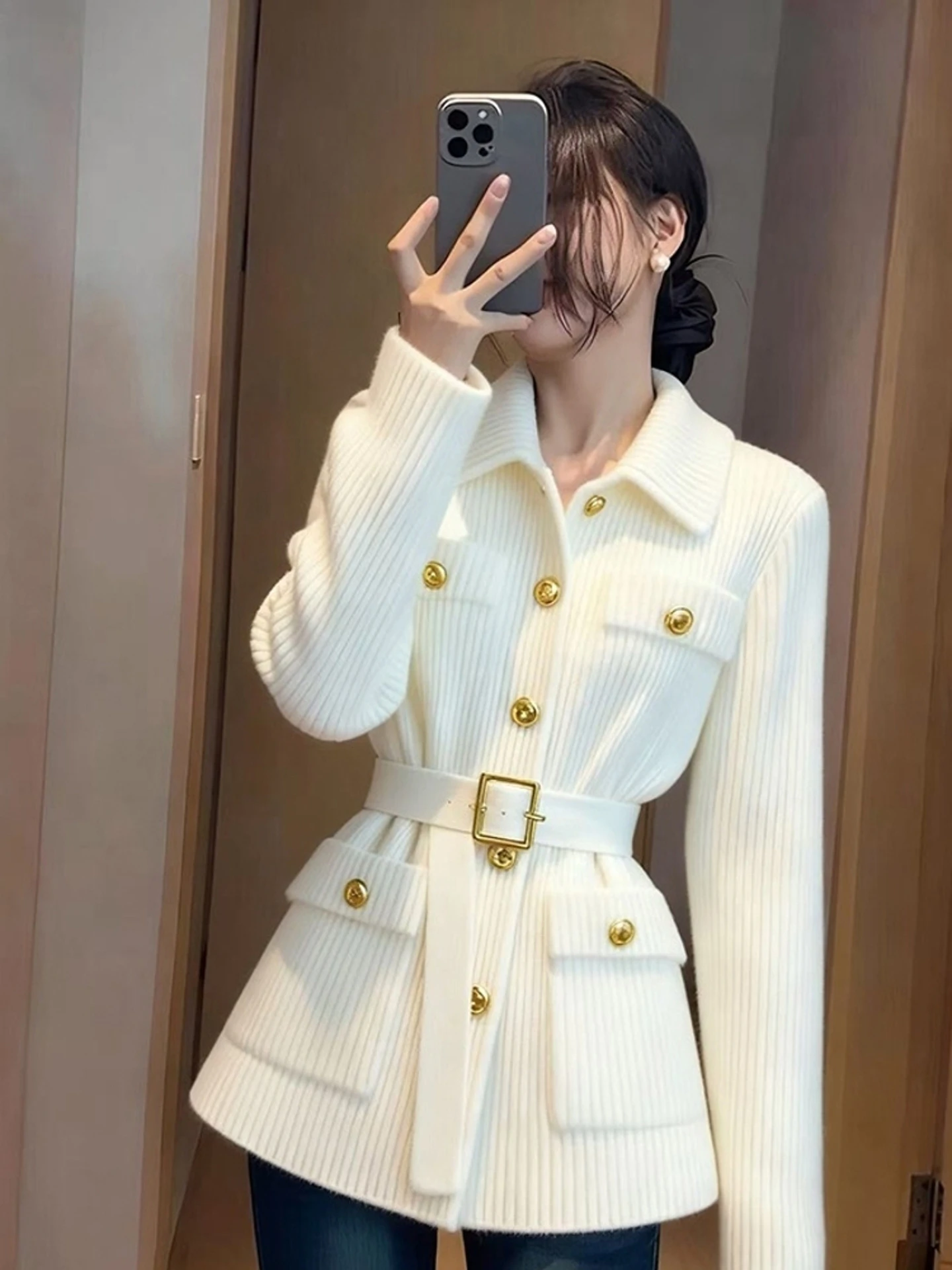 سترة نسائية من Ele White Knitted Jaet بحزام أنيق لموسم الخريف وملمس راقي للتنقل طويل Sve عادي...