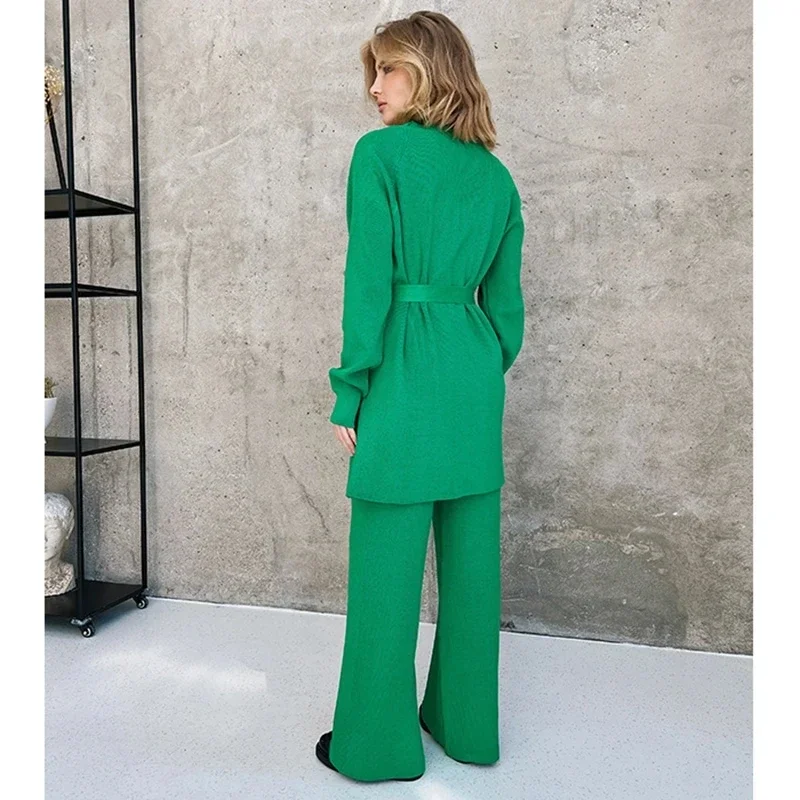Sexy Tracksuit Sleepwear Women Two Piece Set Casual Loungewear Knit 2 Piece Sets with Blet Winter Knitted Cardigans Pants Suit