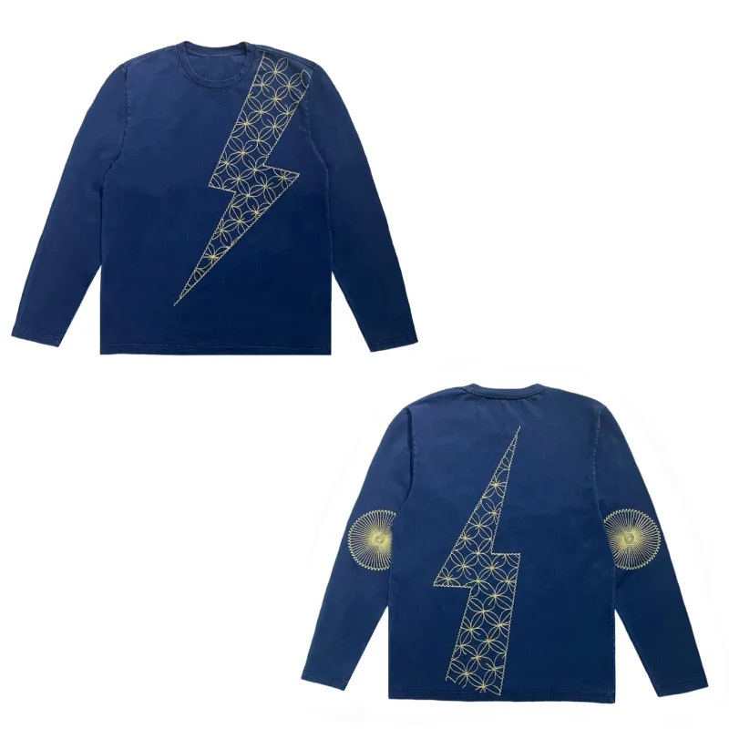 

DAVIDSHAO EU US Size High Quality Luxury Clothing Vintage Embroidered Blue Dyed loose Long Sleeve Round Neck T-shirt