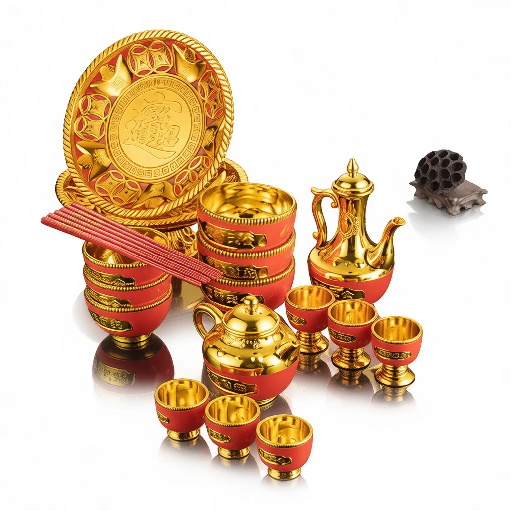 Sacred Golden Altar Offering Set Plastic Fruit Dish Ritual Bowl Wine Decanter Tea Kettle Lucky Chopsticks Worship Gift