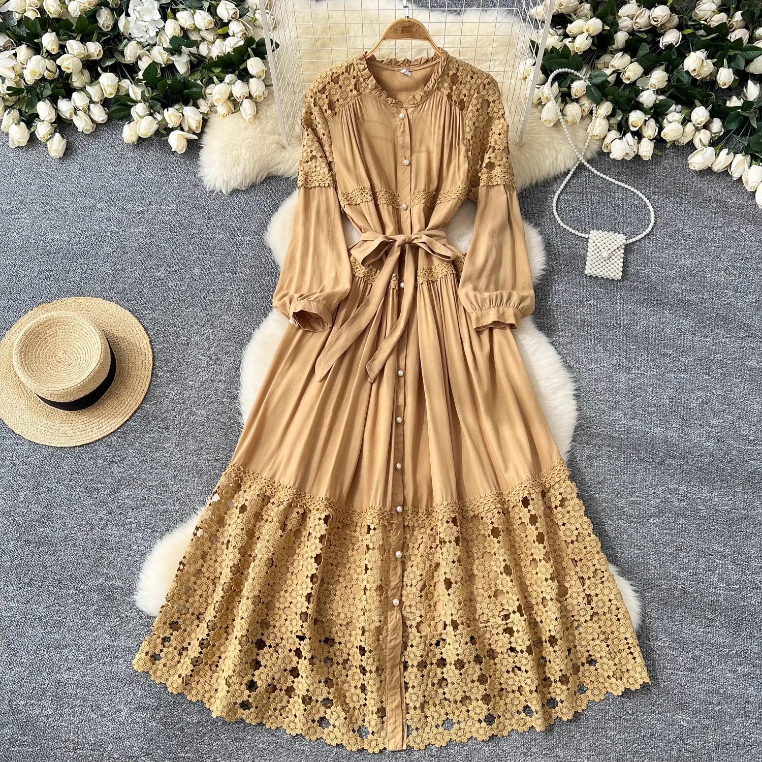 Boho Retro Hollow Hook Flower Ricamo Abito in pizzo Splicing Papillon Vita Abiti lunghi monopetto Abito lungo da spiaggia per le vacanze