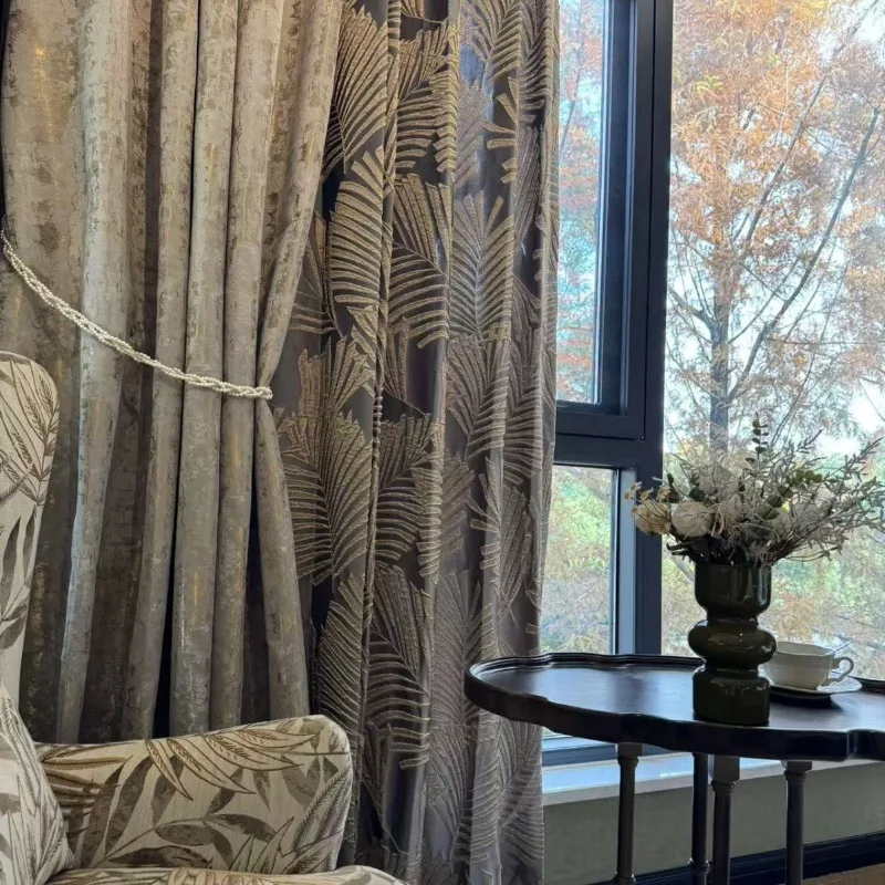 American Retro Golden Palm Leaf Jacquard Curtains High Blackout Textured Gauze Curtains for Living Dining Room Bedroom Luxury