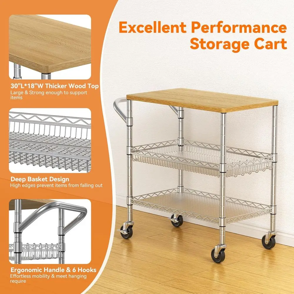 Durable 3-Tier Rolling Kitchen Cart with Wood Top and 650Lbs Capacity
