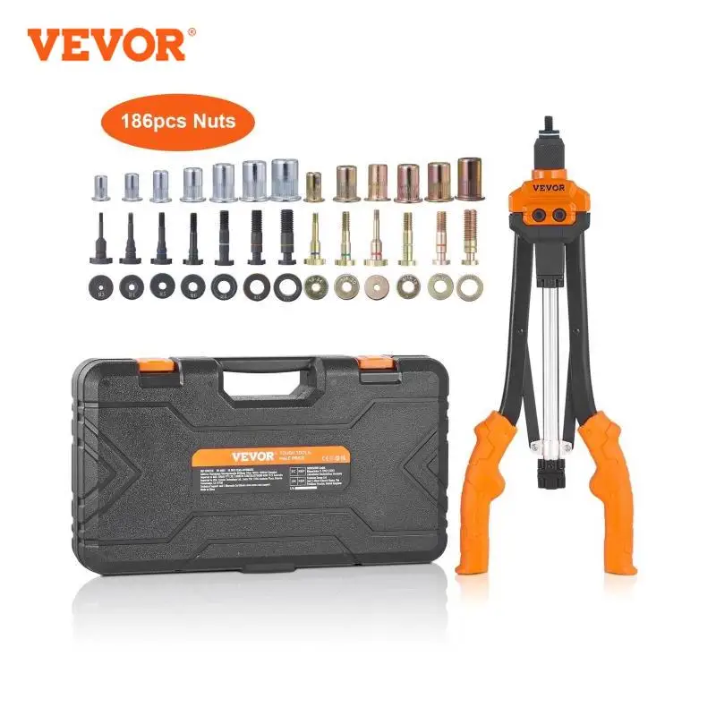 VEVOR Riveteuse Manuelle pour Écrou à Sertir 41 cm Pince à Insert Fileté avec 13 Mandrins 186 Écrous de 13 Tailles Outil à Riveter Dérivetage