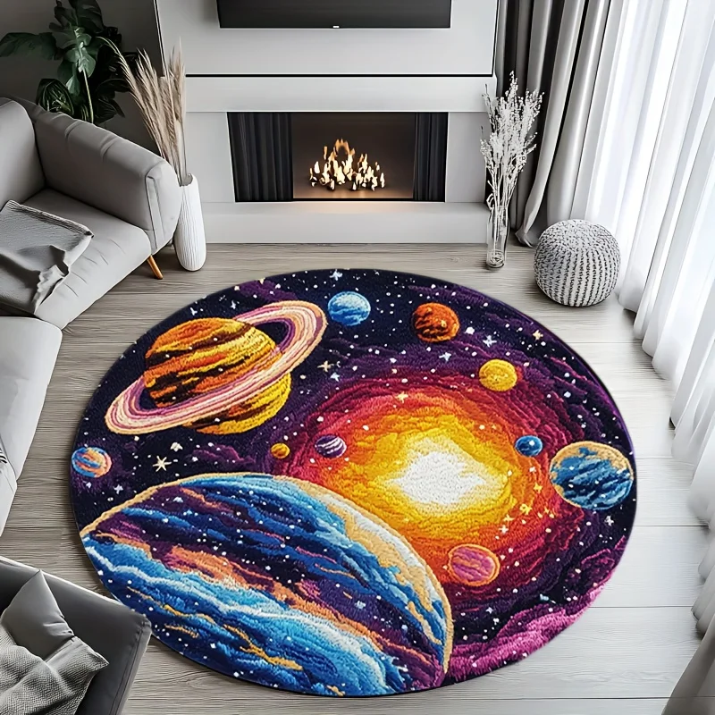 Flannel Printed Round Rug Solar System Planets Design Colorful Galaxy Theme Kids Room Decor Soft Floor Mat For Children Play