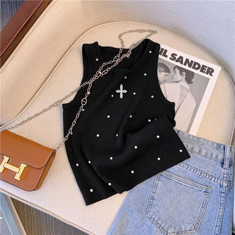 Summer Sleeveless Vest Women Backless Diamond Set Luxury Designer Loose Oversize Top Women Camis Korean Fashion Clothes