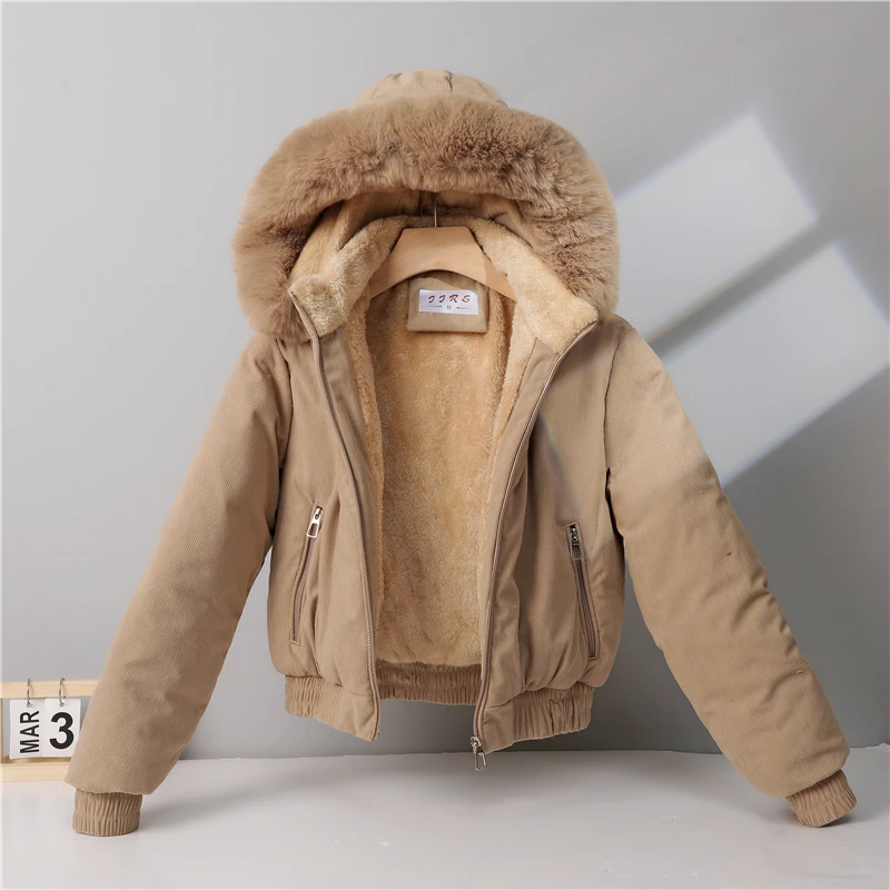 2026 New Womens Short Corduroy Quilted Puffer Coat Removable Hood Faux Fur Edge Sherpa Lined Warm Winter Cropped Outer Garment