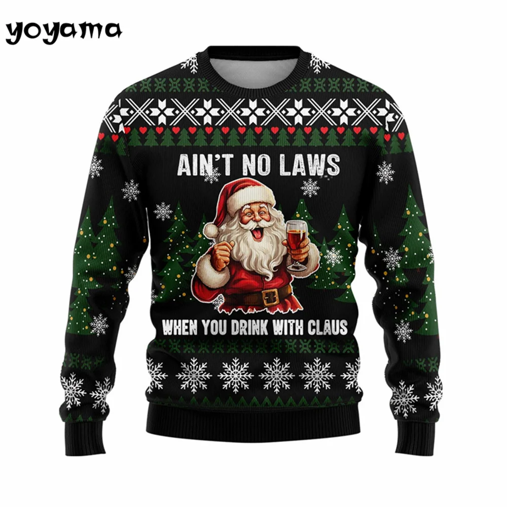 Red Wine Print Christmas Men's Clothing Funny Christmas Mens Long Sleeve Sweatshirt 3D Print Santa Claus Snowman Crewneck Hoodie