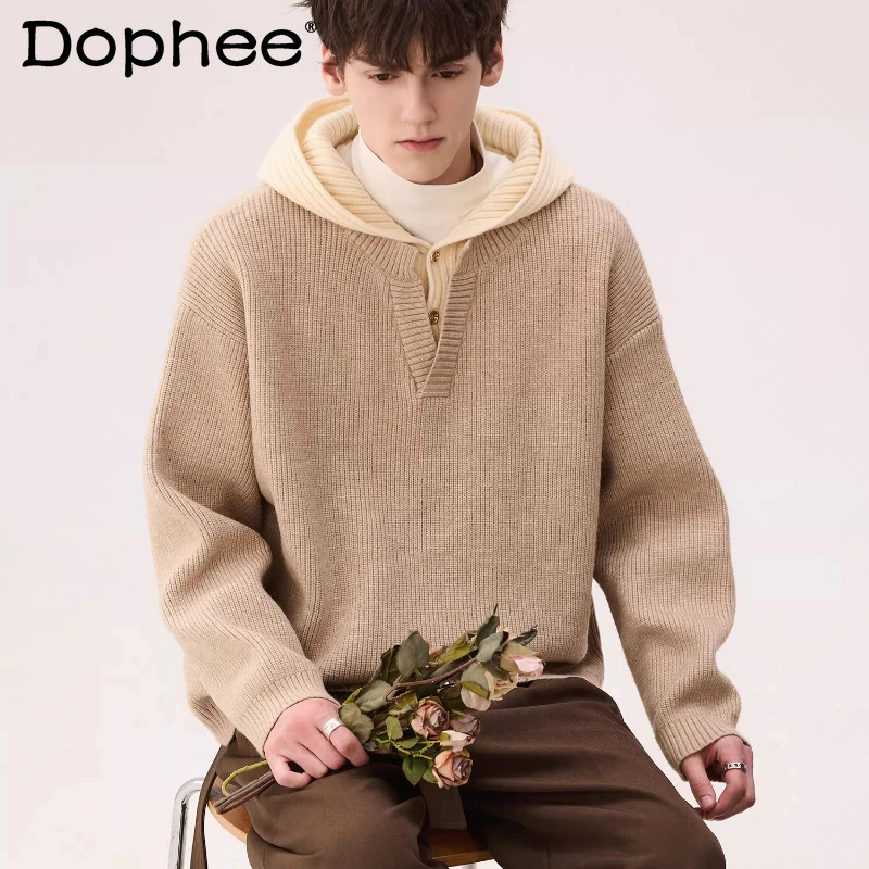 

Мужские зимние новые высококачественные утолщенные теплые пуловеры 2025 года, искусственные двухсекционные свитера с капюшоном, мужские простые красивые стильные вязаные топы