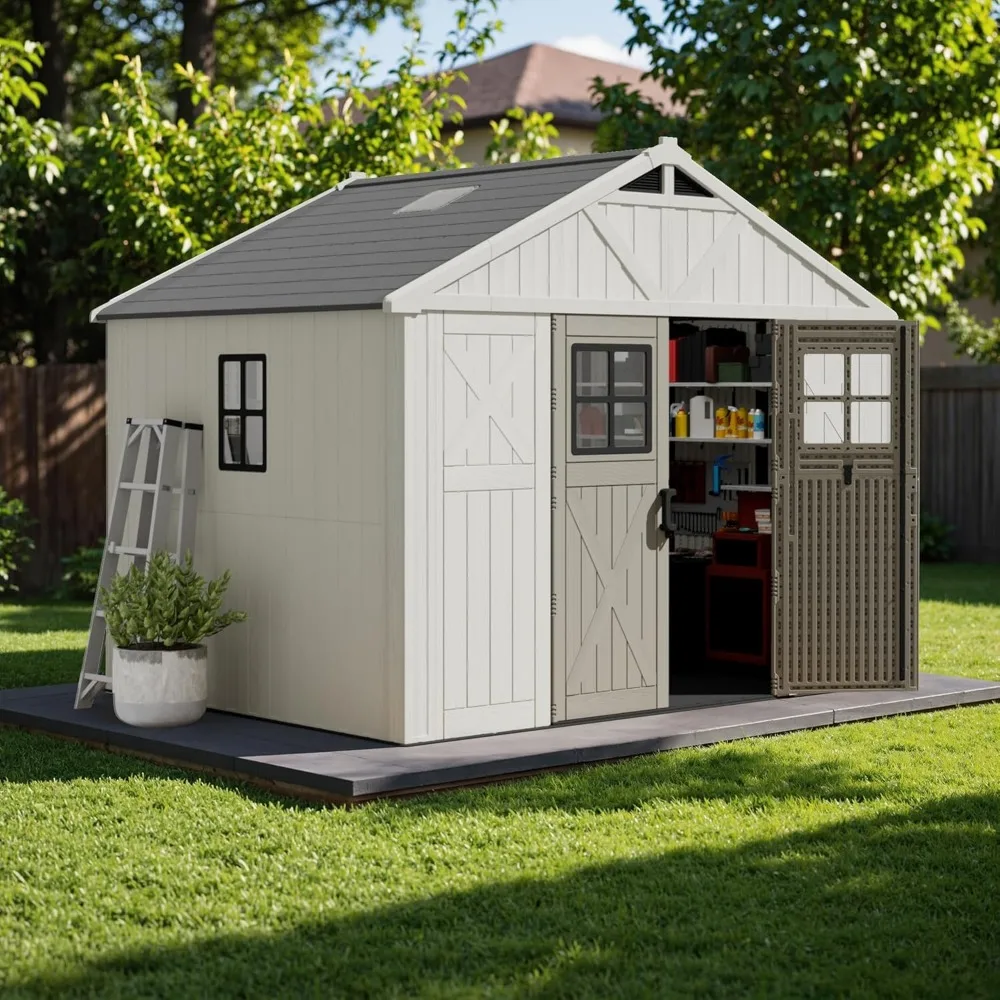 

Сарай для хранения на открытом воздухе из смолы 10 x 8 футов, очень большой пластиковый навес с мансарным светом, напольными и запираемыми дверцами, велосипед для хранения, инструмент