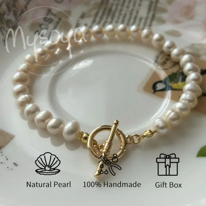 

MYSOYA 6-7mm White Freshwater Pearl Bracelet For Women And Men With Gift Box Perfect Wedding Birthday Anniversary Jewelry Gift