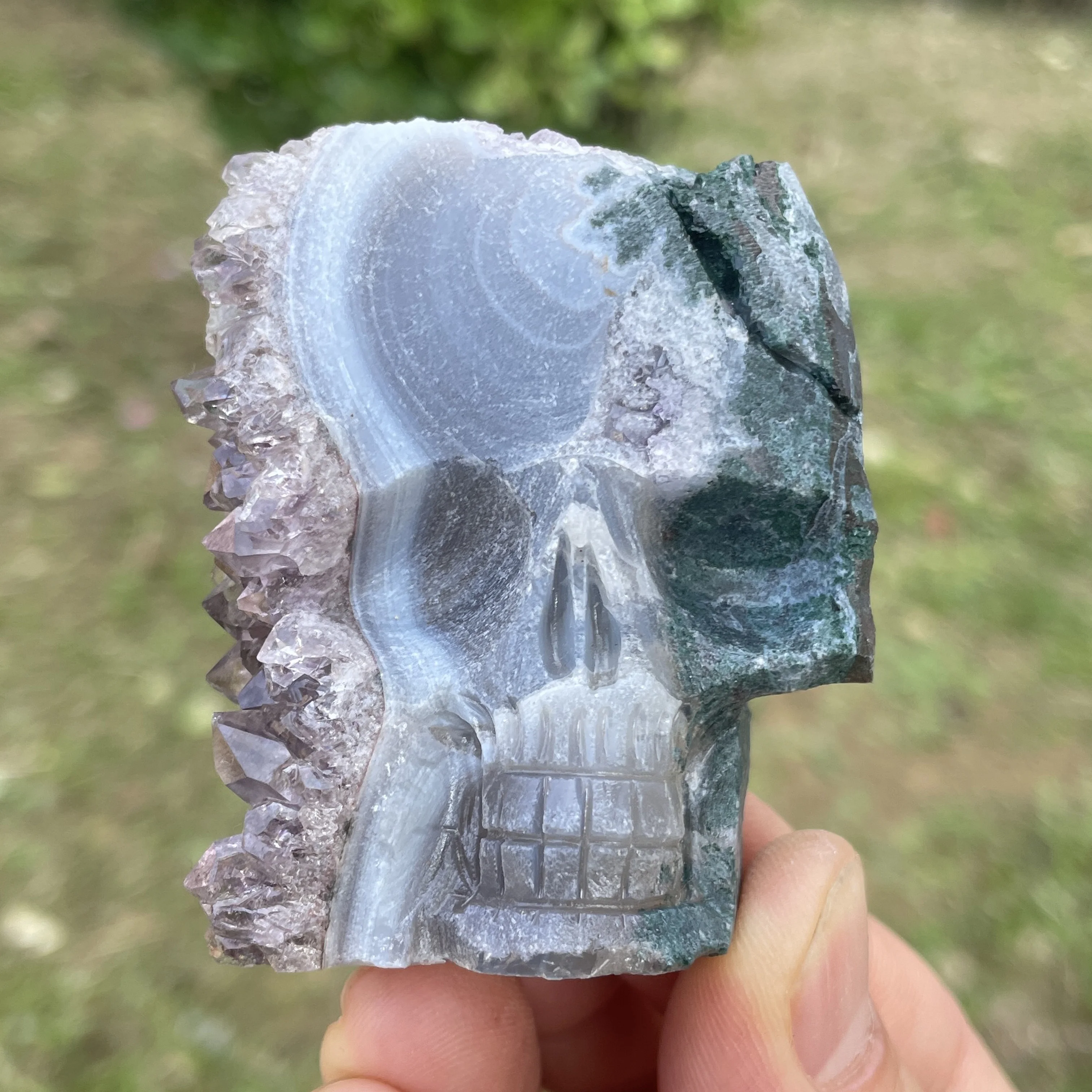 Natural Hand Carved Amethyst Skull Slab Unpolished Purple Clear Quartz Cluster Slices Healing Stone Home Decor M1-10