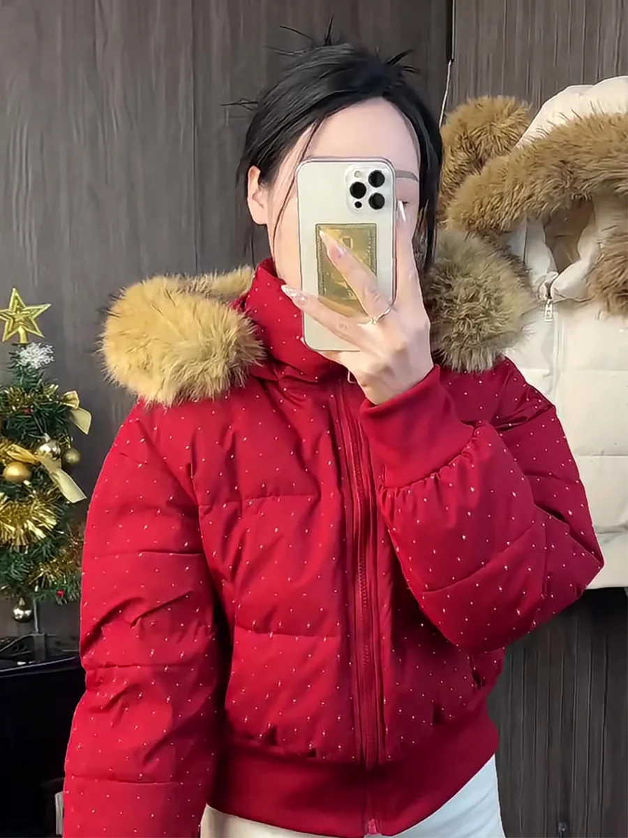 Casaco de Inverno Feminino Coreano com Gola de Pele Vermelha, Quente, Elegante e Ajustado, com Capuz Destacável