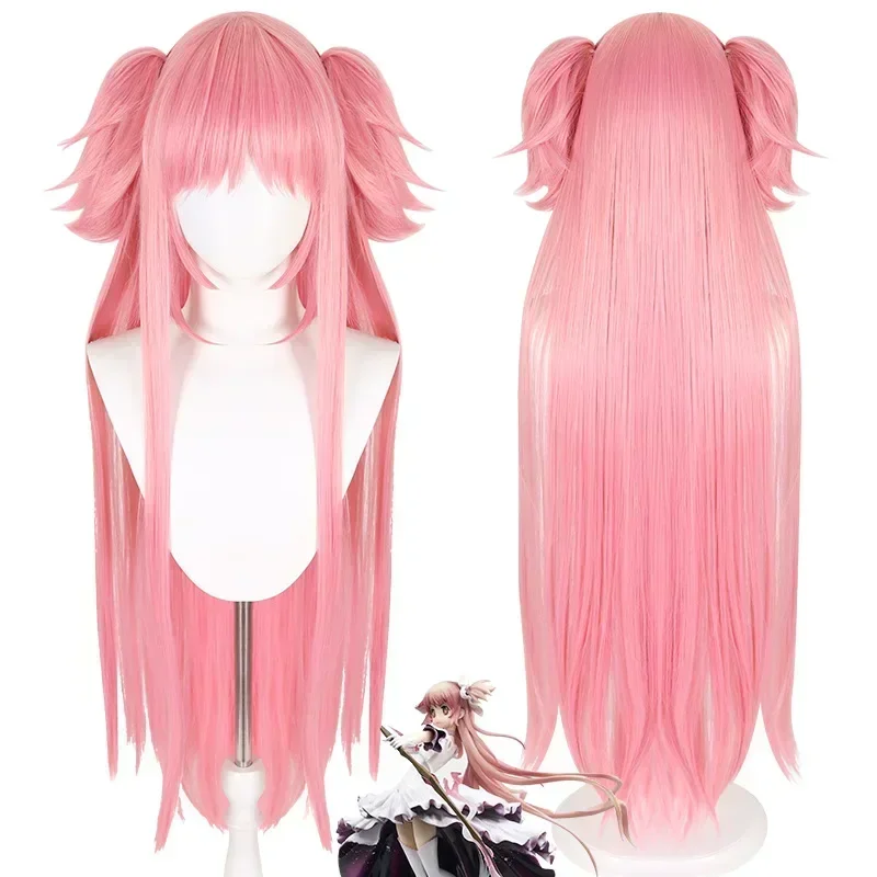 Madoka Magica Cosplay Perücke Rosa mit Pony synthetische lange gerade Perücke Ultimate Mdoka Doppel-Pferdeschwanz Cosplay magische Mädchen-Perücke