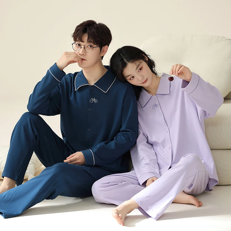 

Autumn Winter Cotton Couple pajama sets Women Sleepwear Long Sleeve Turn-down Collar Cardigan pijama Women's pajamas